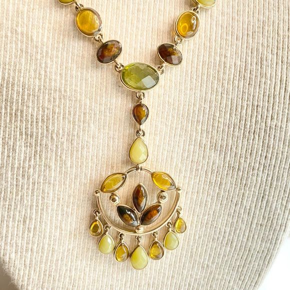 Dangling Pendant Necklace Brown Green Yellow Faceted StonesRibbon Neckline - Picture 3 of 13
